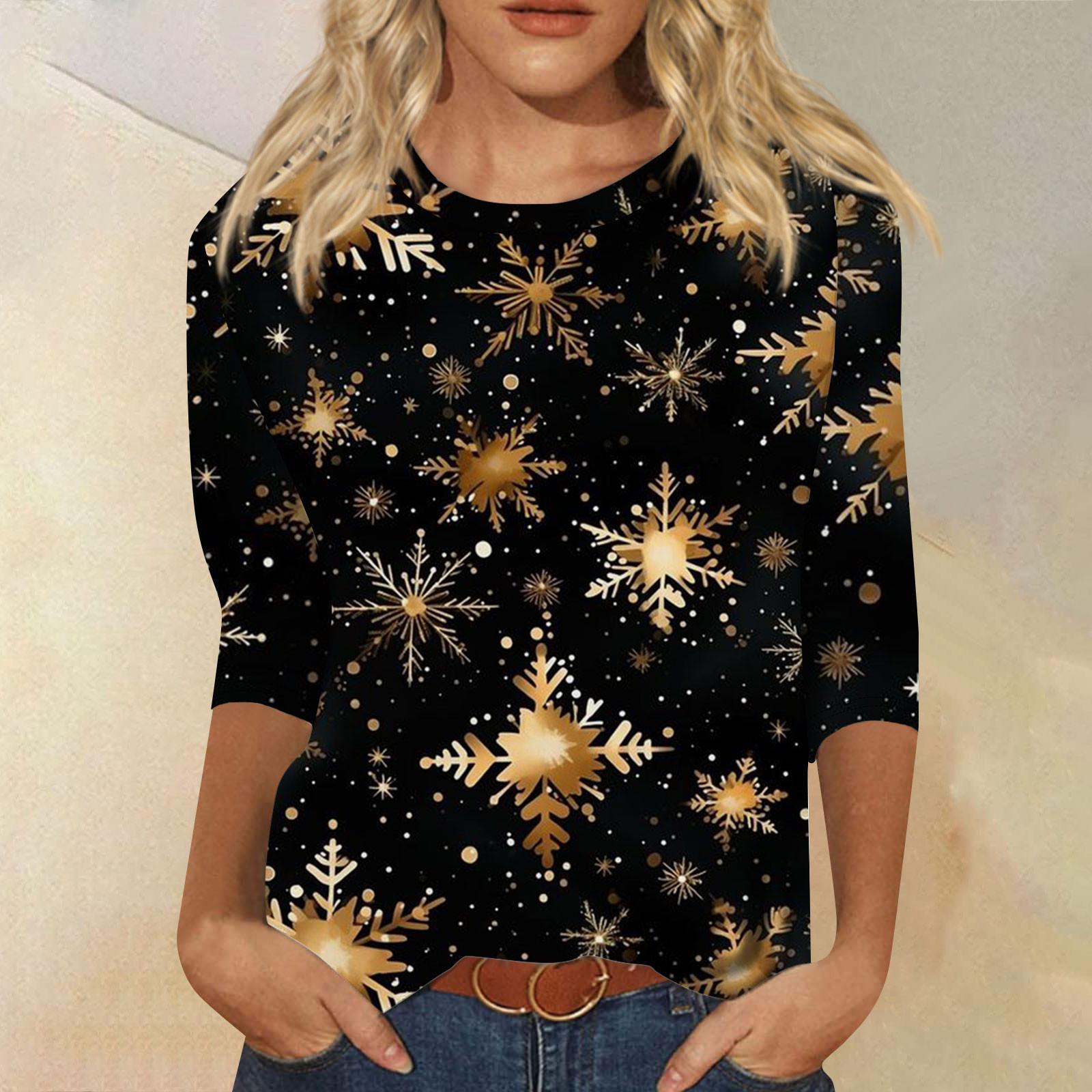 

Женская мода повседневная рубашка с круглым вырезом и рождественским принтом, семь рукавов XXXXL золотой