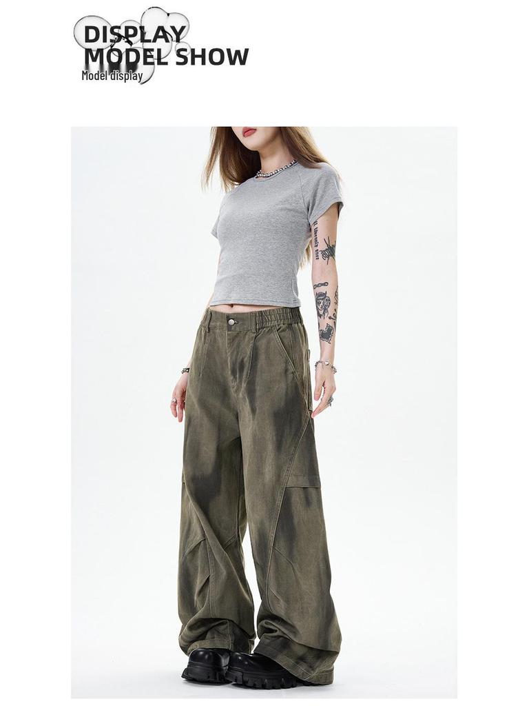 OREETA Tie-Dye Gradient Curved Leg Cargo Pants: Casual Wide Leg Streetwear In Pure Cotton