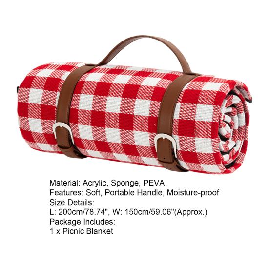 Coperta da Picnic a Tre Strati Manico in Ecopelle Impermeabile Portatile Ispessita Multiuso Invernale Calda a Quadri