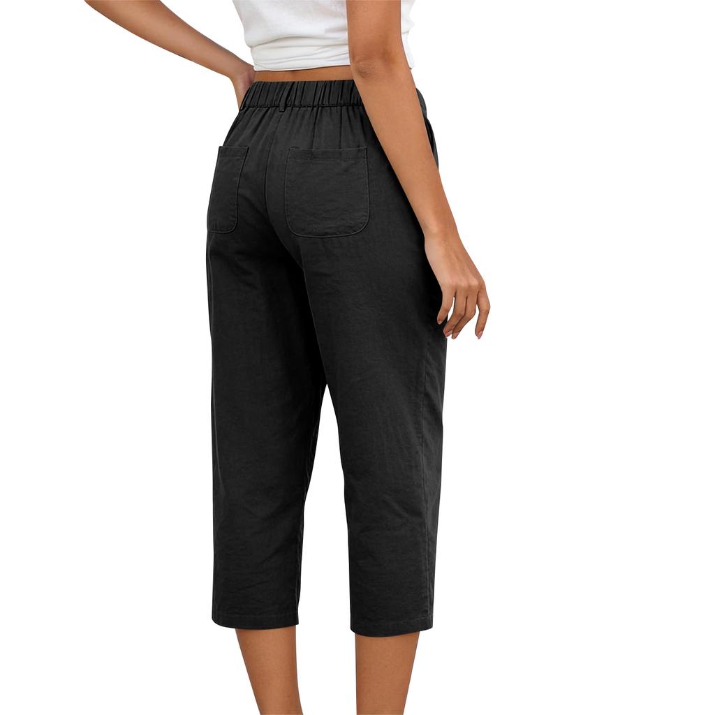 Women Elastic High Waist 3/4 Pant Casual Fit Wide Capris Leg Pants Trousers With Pockets