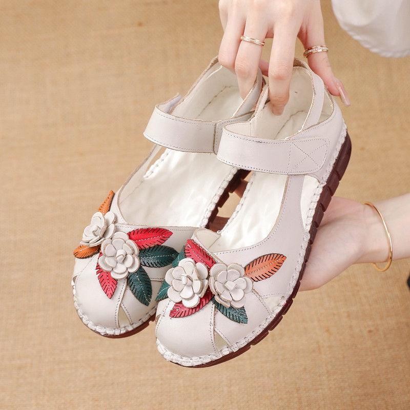 Rozmiar 42, płaskie sandały z prawdziwej skóry, damskie, letnie, z wycięciami, damskie, ortopedyczne sandały w stylu retro z motywem kwiatowym