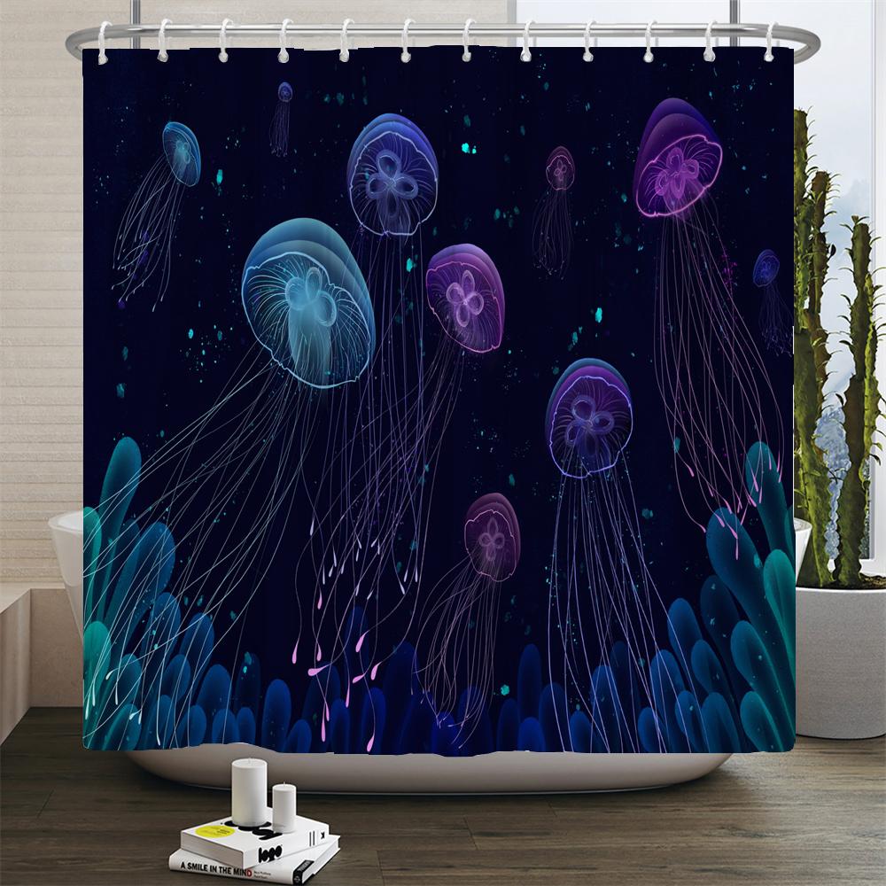 Dream Starry Sky Ocean Jellyfish Bathroom Waterproof Shower Curtain Set with 12 Hooks Bath Non-Slip Mat Rugs Toilet Seat Cover