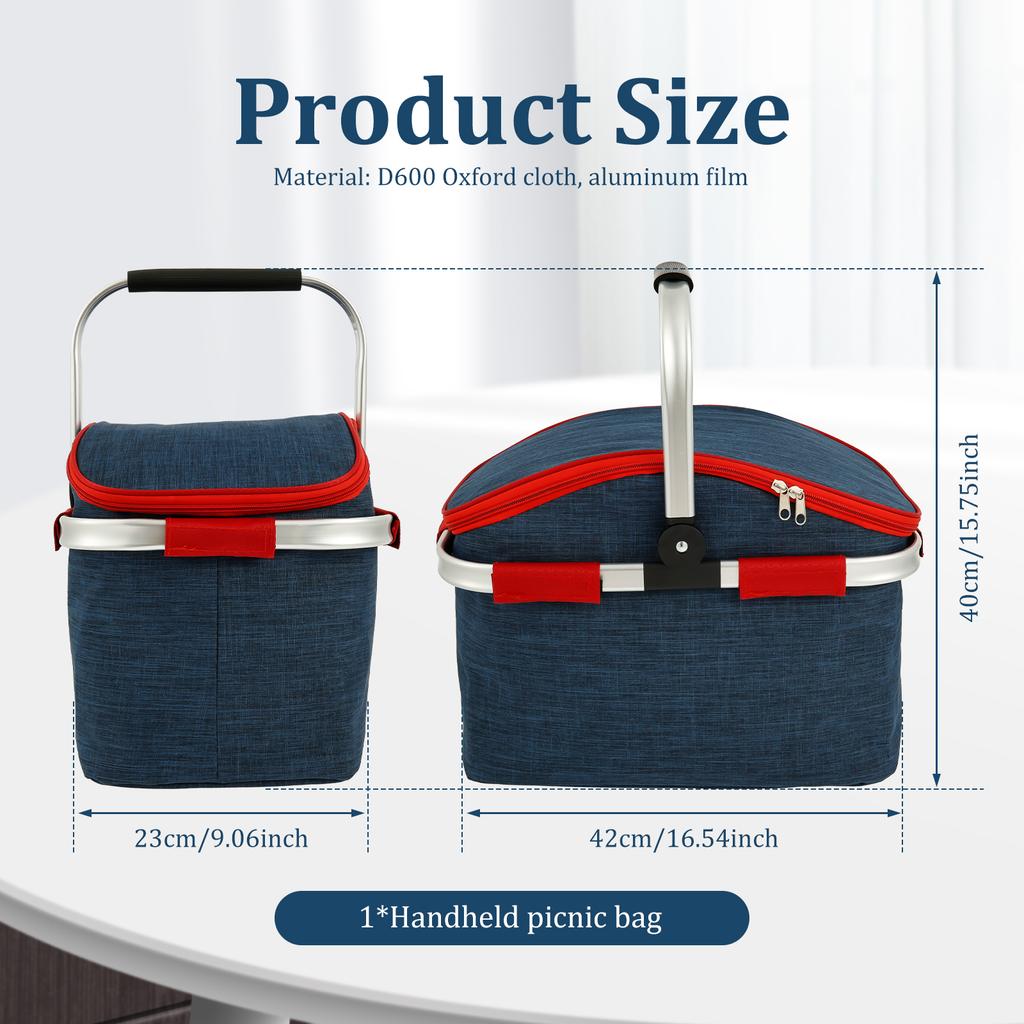 Picnic Basket D600 Oxford Cloth Insulation and Waterproof Shopping Basket Large Capacity Foldable Outdoor Carry Basket for Lunch
