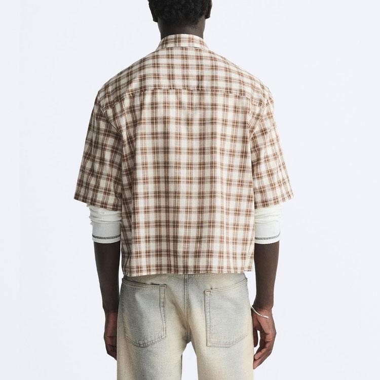 Zara Color Block Checkered Square Neck Short Sleeve Shirt Men shirts Khaki 2688340-710