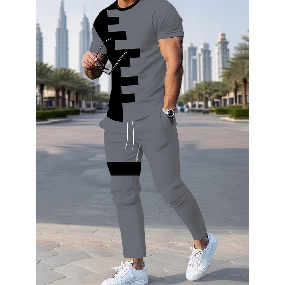 Simple Striped Printed Men's Casual Long Pants Set, Outdoor Street Fashion Trendy Men's Top And Casual Long Pants