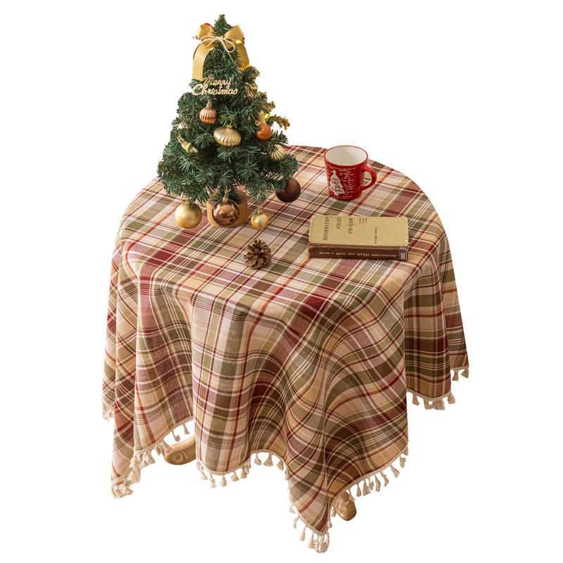Retro Plaid Tablecloth With Tassel Trim Thick Stain Resistant Cotton Linen Dining Table Living Room Decor