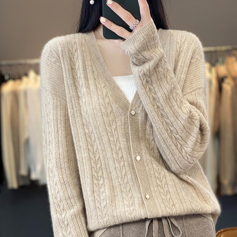 Damen Herbst Winter V-Ausschnitt Wollstrickjacke Pullover - Langarm, Stilvolles Hohlstrickmuster