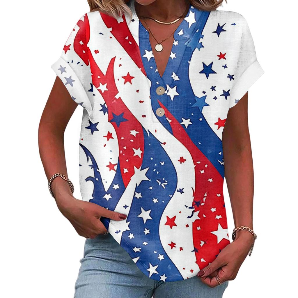 Women's Casual Fashion V-Neck Button Independence Day Print Short Sleeve Top