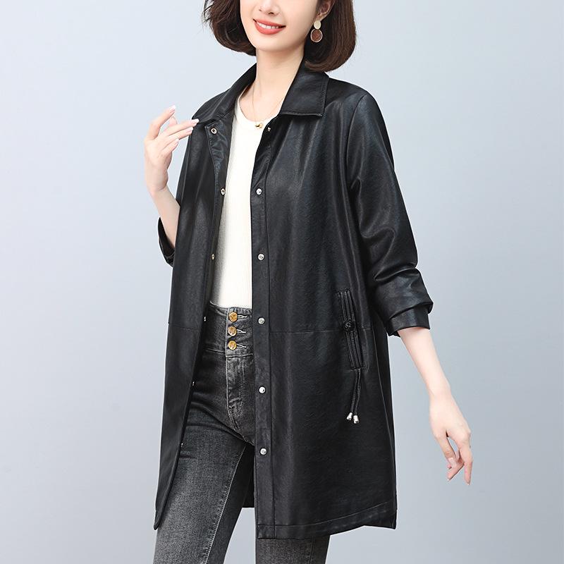 

Женская кожаная куртка миди класса люкс для миниатюрных женщин для моды весна-осень XXL (suggested 77-90 kg) чёрный