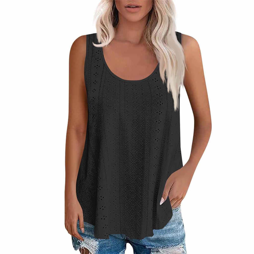 Sleeveless Eyelet Lace Tank Top for Women Casual Summer Scoop Neck Loose Fit Blouse Hollow Out Lightweight Shirt
