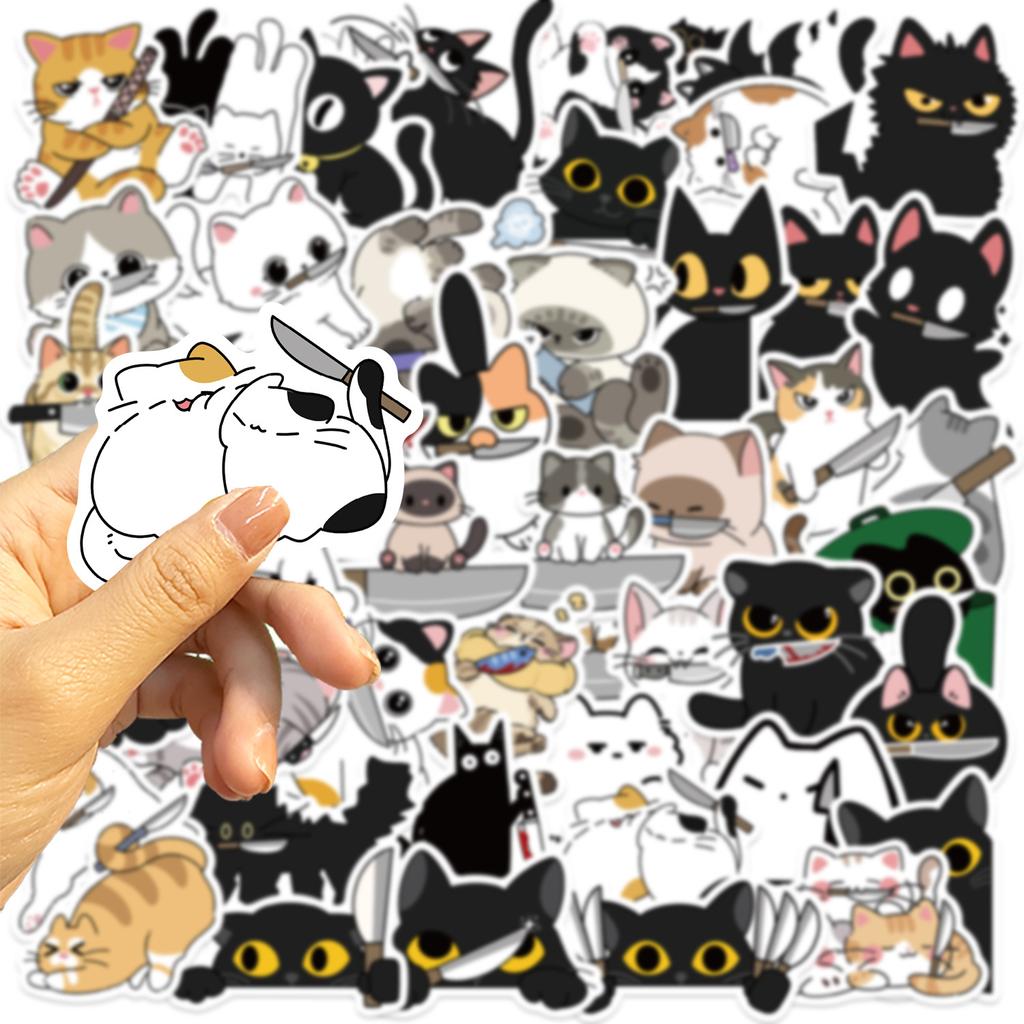 50 Cartoon Kitten with Knife Graffiti Stickers Decorate Guitar Notebook Suitcase DIY Waterproof