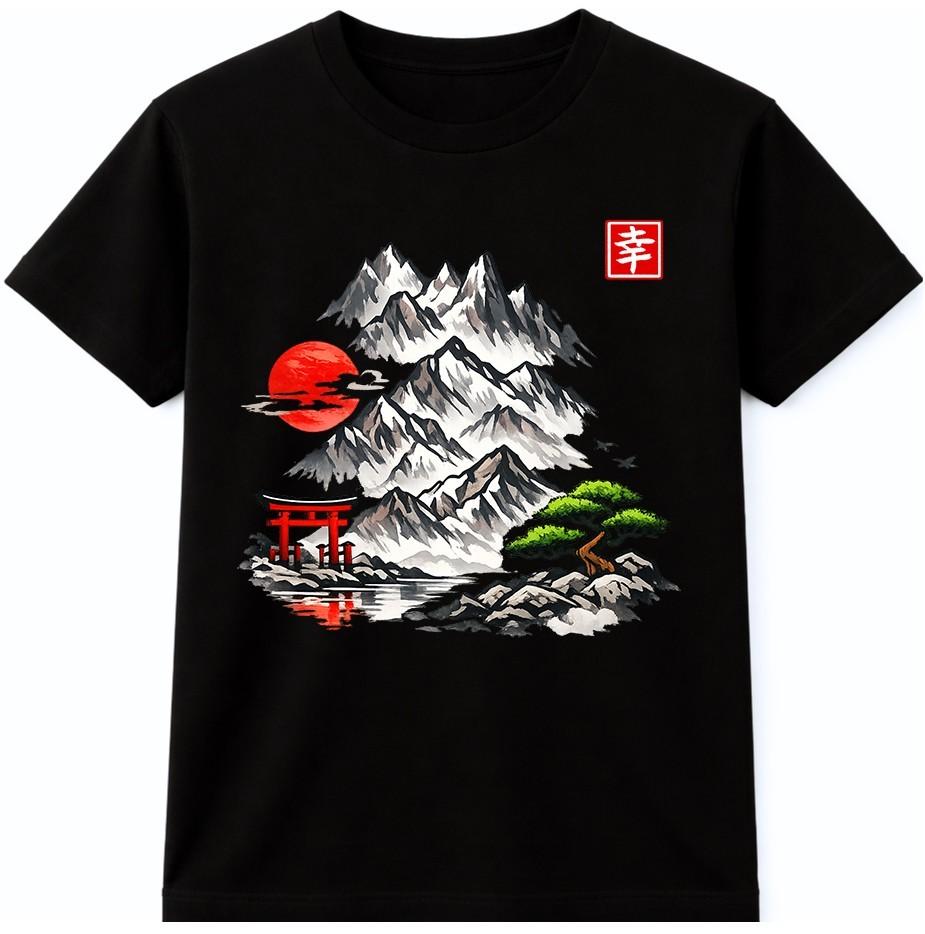 Japanese Landscape T Shirt Mountain Sakura Bonsai Art Graphic Tee
