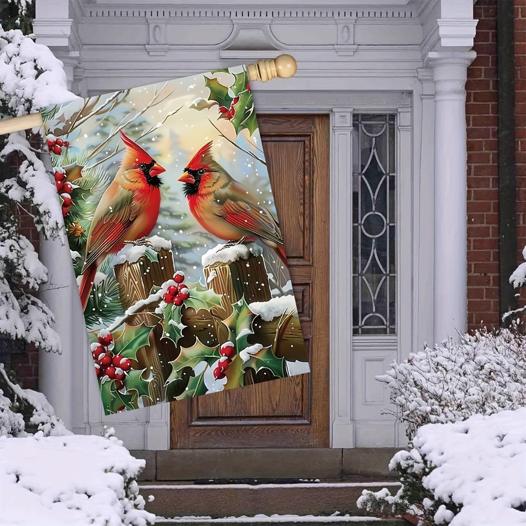 1pc Welcome Merry Christmas Garden Flag - Festive Red Cardinals & Snowy Holly Branch Design, Double-Sided, Durable Polyester - Perfect for Outdoor Hol