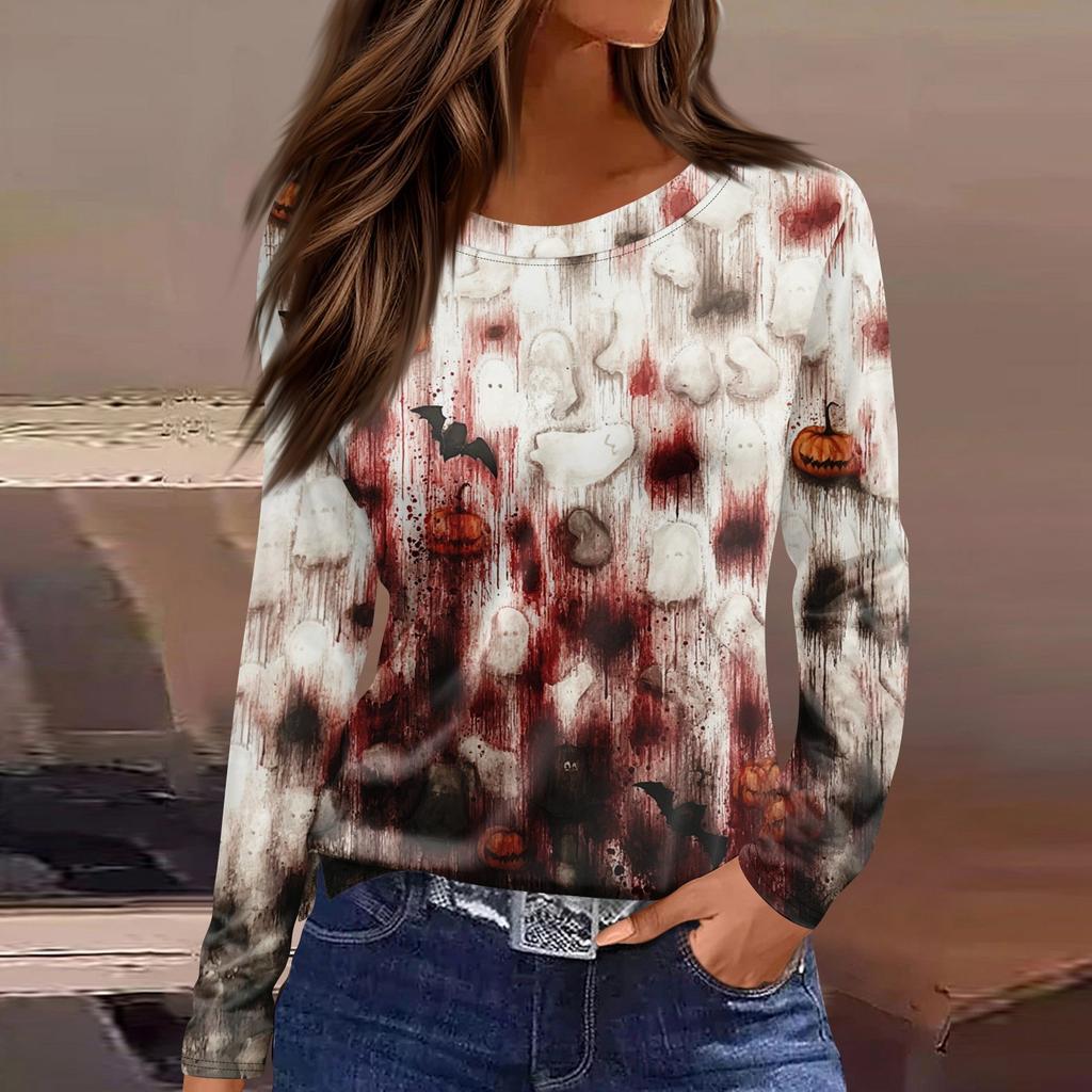 Mote Casual Langermet Trykk Rund Hals Pullover Topp Bluse for Kvinner