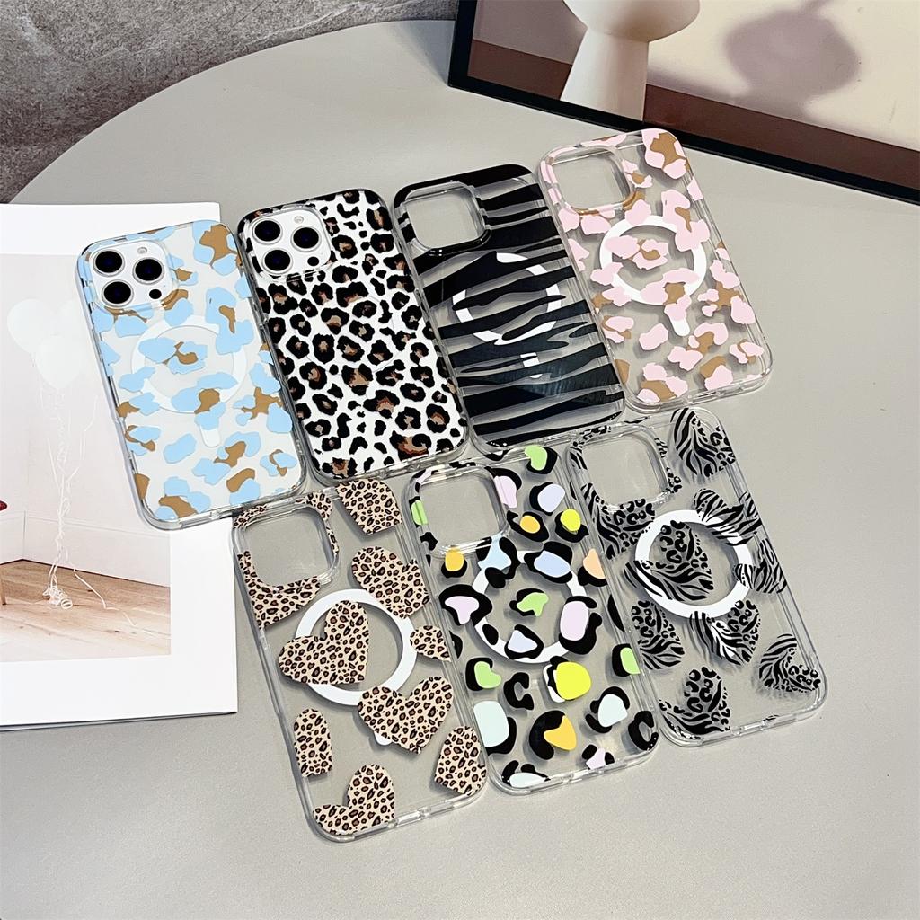 For iPhone 16 Pro Max Magnetic Case Hollow Leopard Print Design TPU PC Phone Back Cover