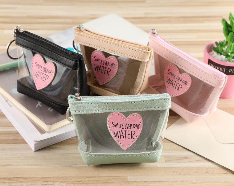 Schoolbag new love women's zipper change bag, transparent candy color jelly lady change bag with keychain bag
