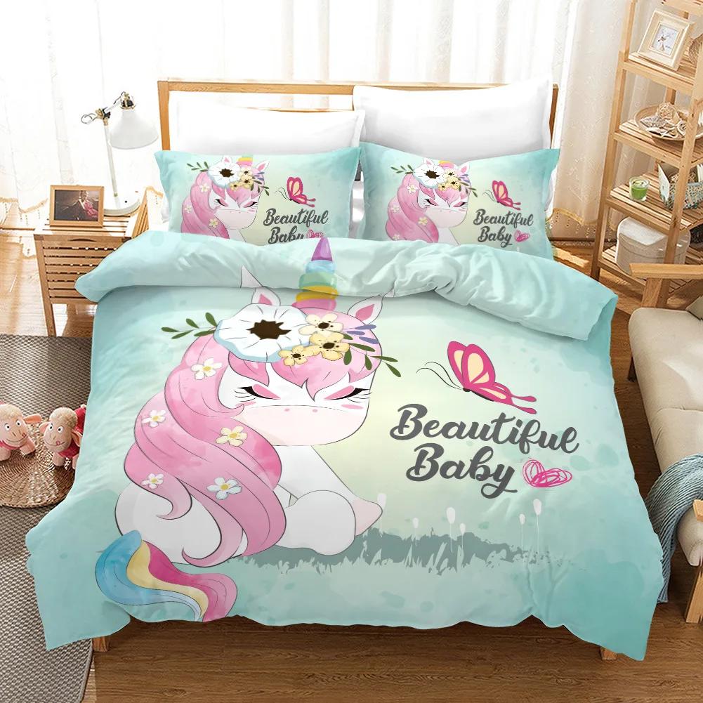 Children's Birthday Gift Twin Bedding Set Home Textile Cartoon Cute Pink Unicorn Bedding Set Duvet Cover Bed Sets For Girl