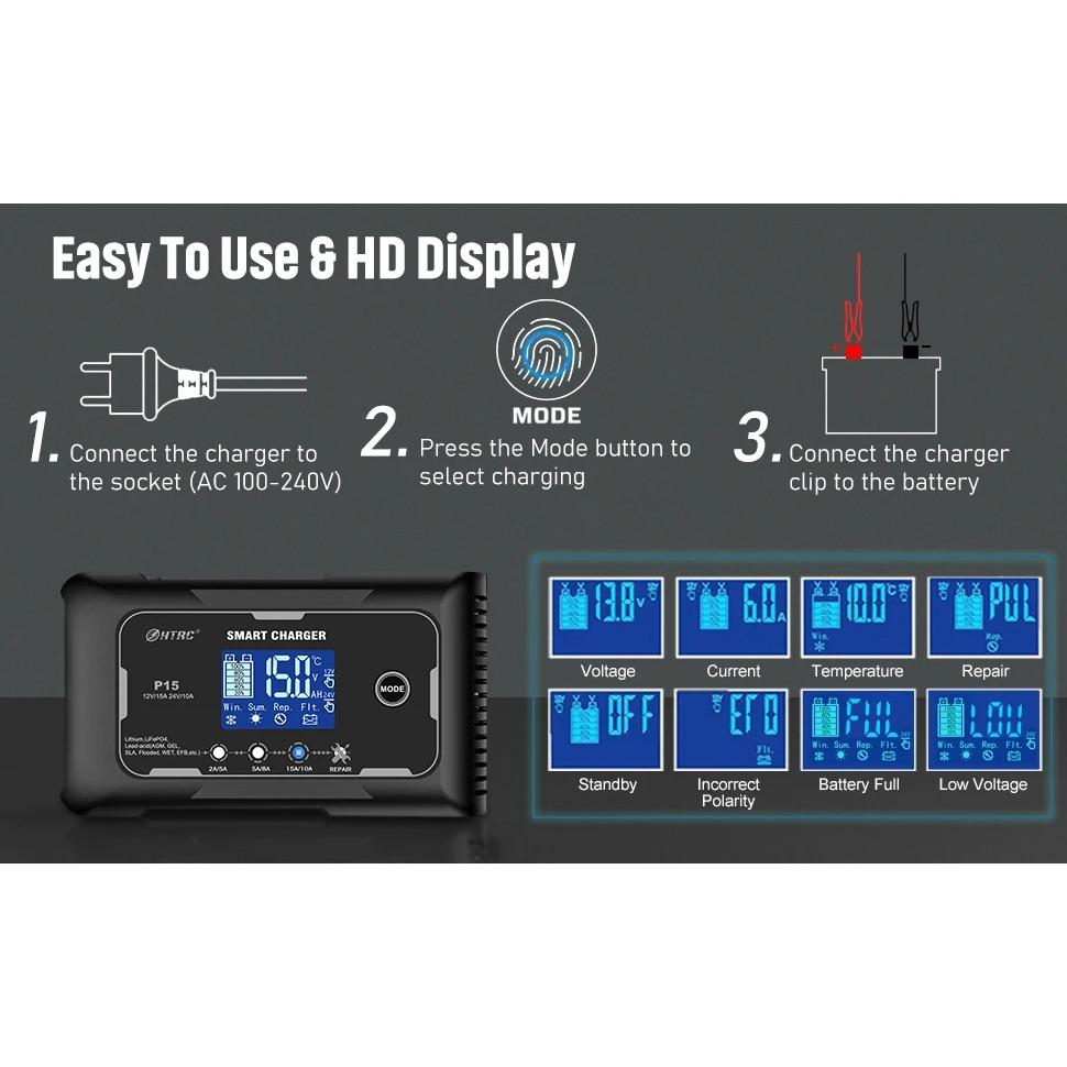 P15 12V-24V 35A/25A/20A/15A/10A Car Battery Charger LCD Automatic Pulse Repair Charge for Lifepo4 AGM Lead-Acid Lithium Batteri