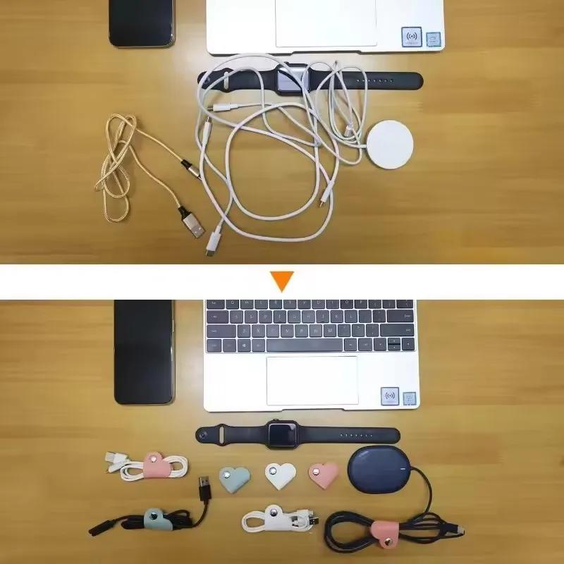 Multifunctional PU Leather Phone Data Cable Organizer Data Storage Heart-shaped Cable Clip Hub Wired Headphone Winding Clip2027