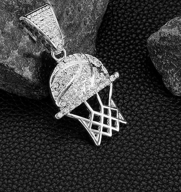 Personalizovaný full diamond vynikající síťovaný rám basketbalového koše přívěsek náhrdelník, evropský a americký hip hop sportovní kubánský náhrdelník