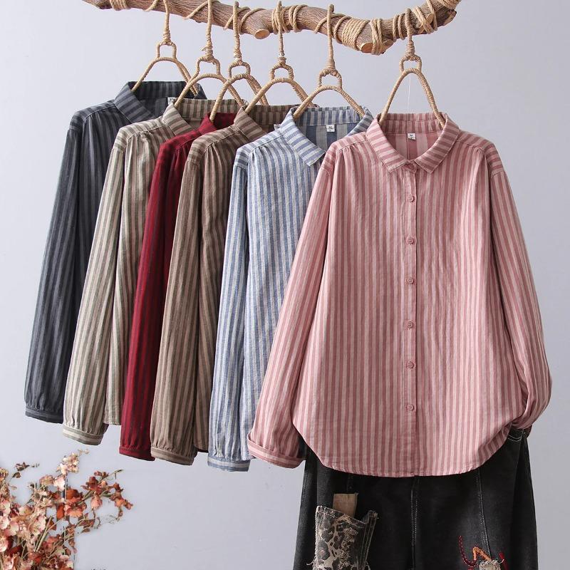 Women Striped Blouse Autumn Elegant Shirts Casual Loose Long Sleeve Fashion Button Up Tunic Blusas Femininas