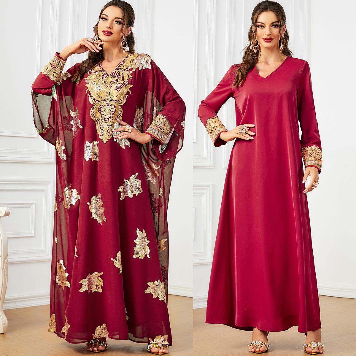 

Дубайское платье в арабском стиле из двух частей свободного кроя для женщин Ближнего Востока с горячим тиснением XXL красный