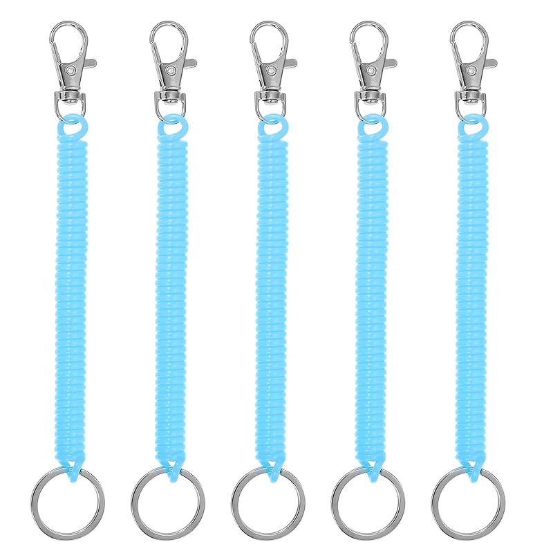 

[PATIKIL] retractor blue coil spring key chain 5 pieces Anti-lost key chain holder lanyard cord metal lobster crab With spooky ring 17.5cm for key