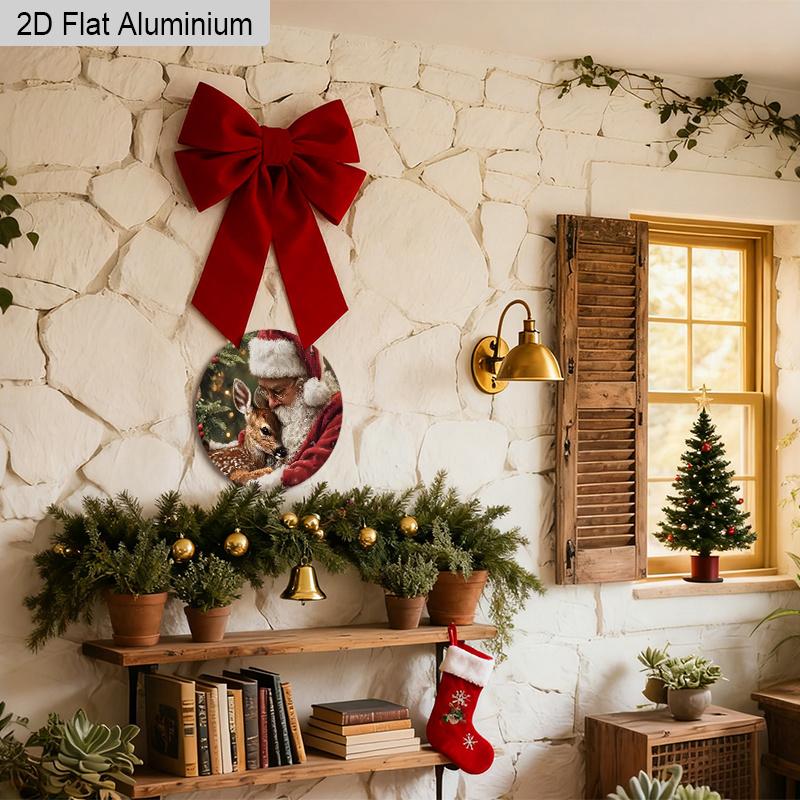 2D Flat Aluminium Christmas Sign with Santa Claus & Elk Pattern - Navidad Figurine Ornaments - Ideal for Front Door, Wall, Porch, Fence Decor - Ideal
