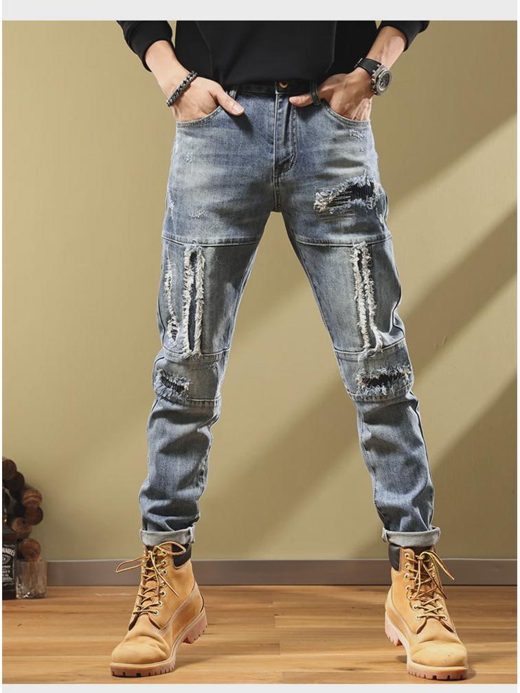 Men's Trendy Slim-Fit Ripped Skinny Jeans with Elastic Fabric and Stitched Patches