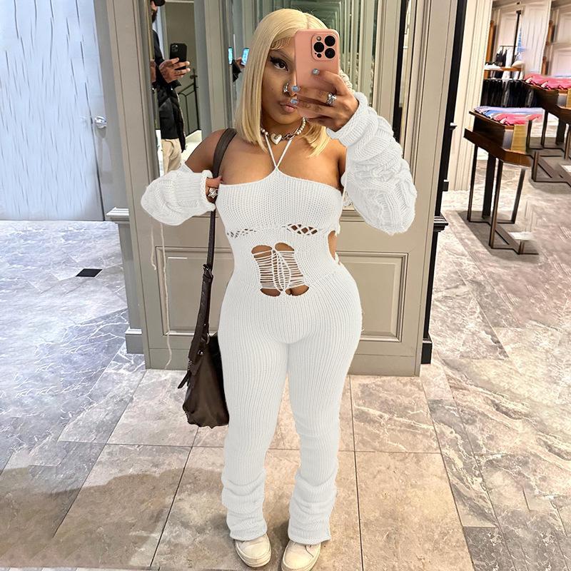 K23JP291 Women's Autumn/Winter 2023 Knitted Sleeve Cutout Jumpsuit with Baggy Pants