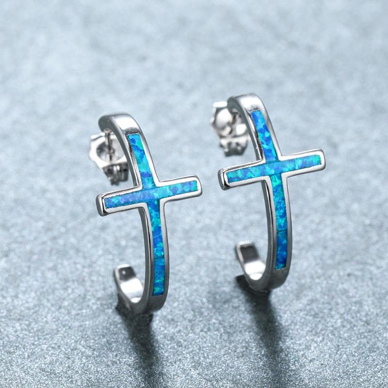 Wish cross blue and white opal stud earrings European and American personality