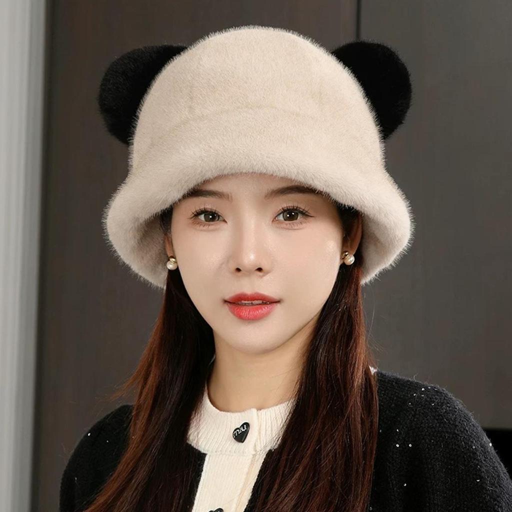 A faux mink fur environmentally friendly artificial fur bear ear hat for women with thick winter ear protection