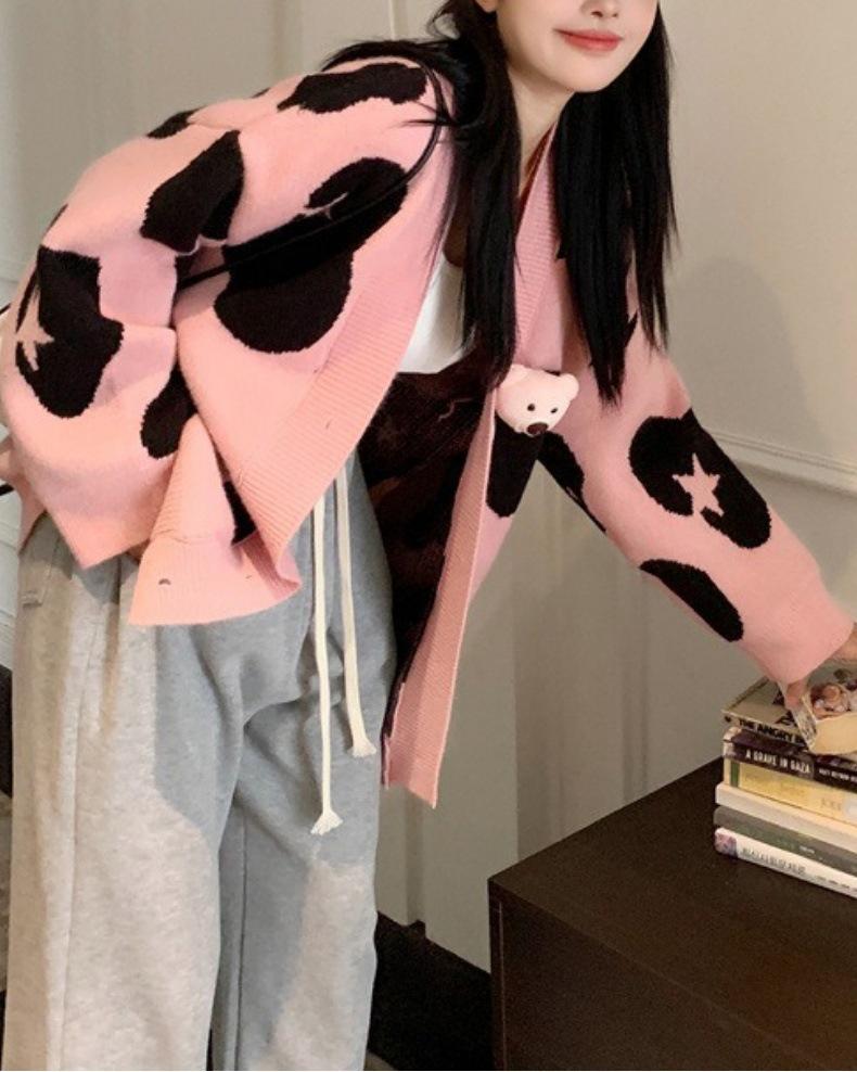 Women's Korean Style Bear Design Color Block Knit Cardigan - Soft, Loose, and Slimming for Autumn and Winter