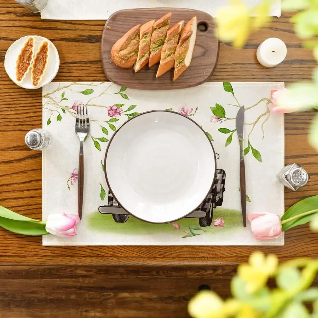 Tulip Buffalo Plaid Truck Spring Summer Placemats 30x45CM Seasonal Spring Decoration for Dining Table Mat Kitchen
