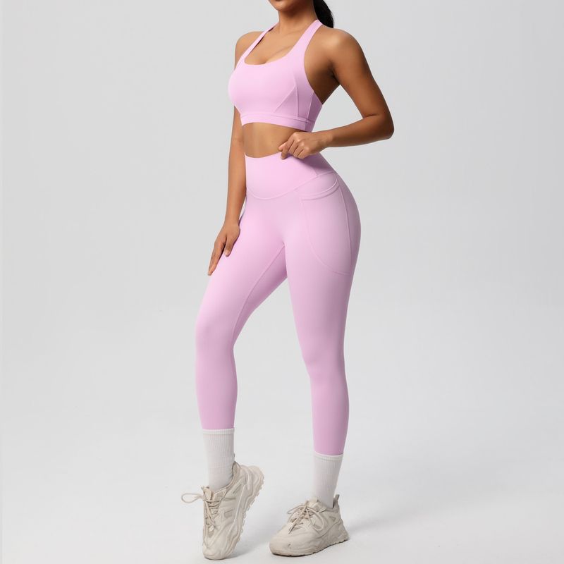 Fashion Nude Feel Beauty Back Cross Bubble Wrap Sports Bra High Waist Hip Lift Pocket Sports Yoga Pants Fitness Suit Women