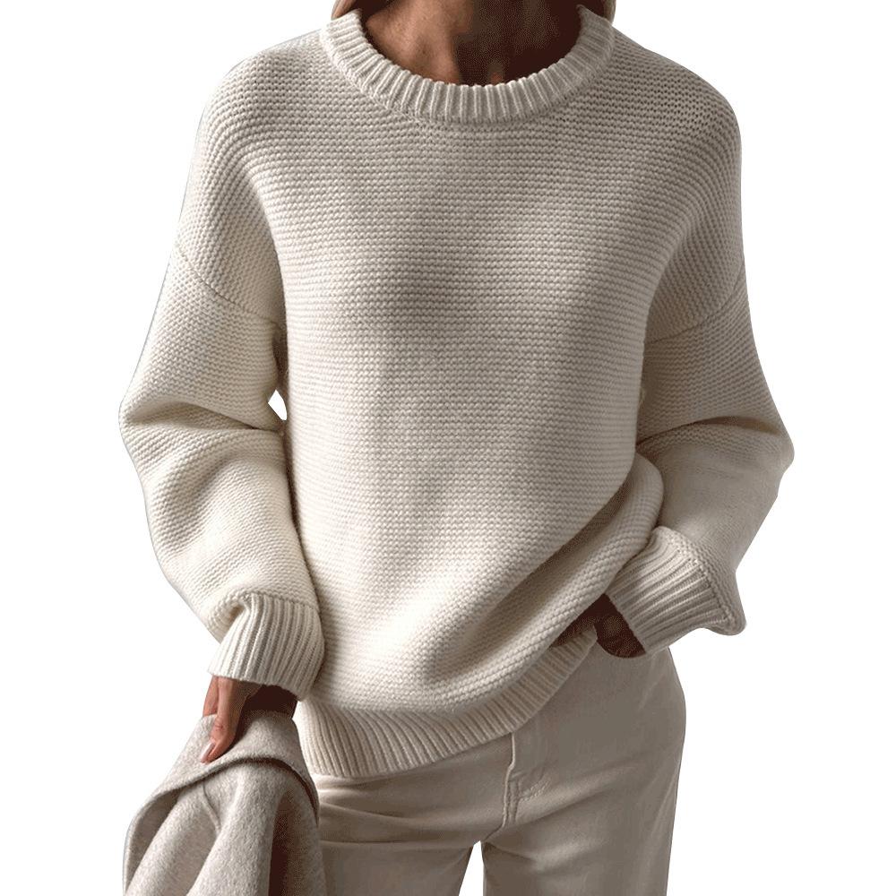 Autumn Winter Pure White Sweater Women's Round Neck Lazy Pullover Temperament Simple Comfortable Knitted Undercoat Top