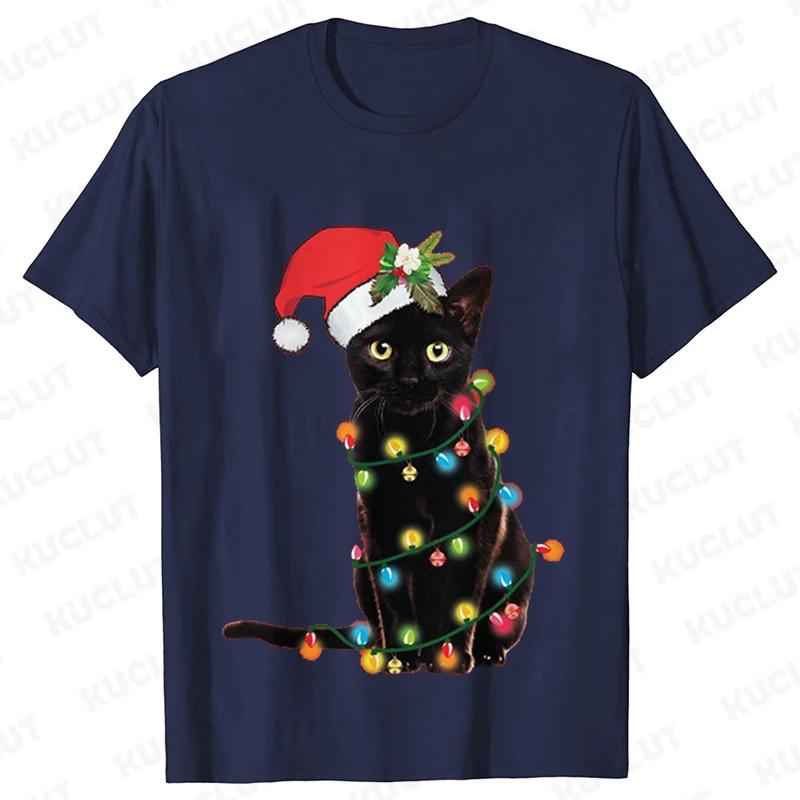 Fashion Trendy T Shirt Short Sleeve Tees for Unisex Funny Christmas Lights Cat T Shirts Female Korean Casual Streetwear Tshirt