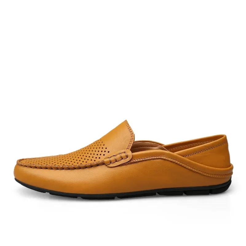 Italian Summer Hollow Shoes Men Casual Luxury Brand Genuine Leather Loafers Men Breathable Boat Shoes Slip On Moccasins