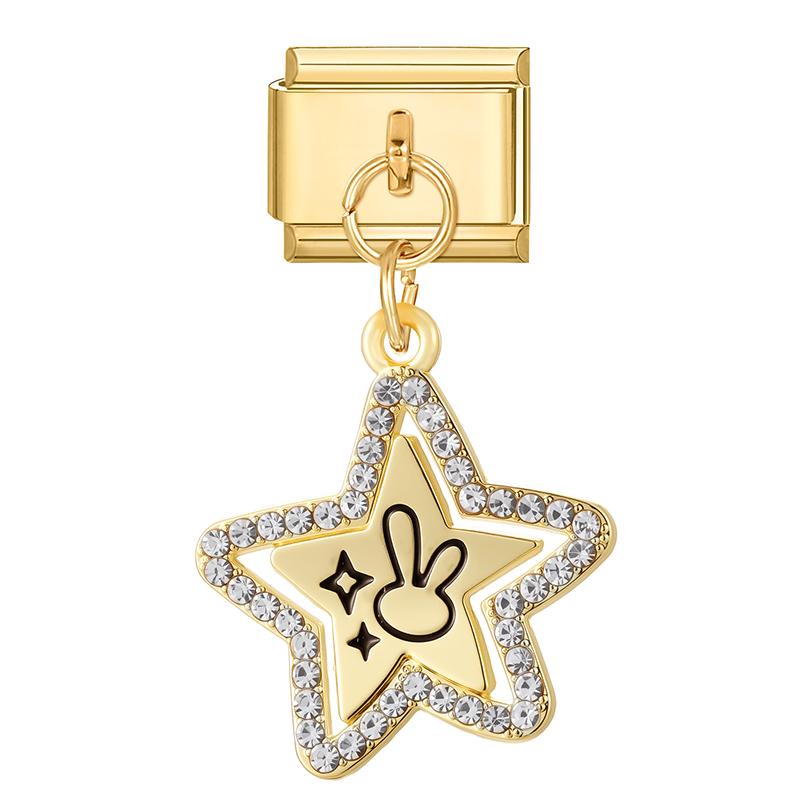 Zircon Star Moon Bow Knot Heart Gold Color Pendant Italian Charm Links Fit 9mm Stainless Steel Bracelet DIY Making for Men Women