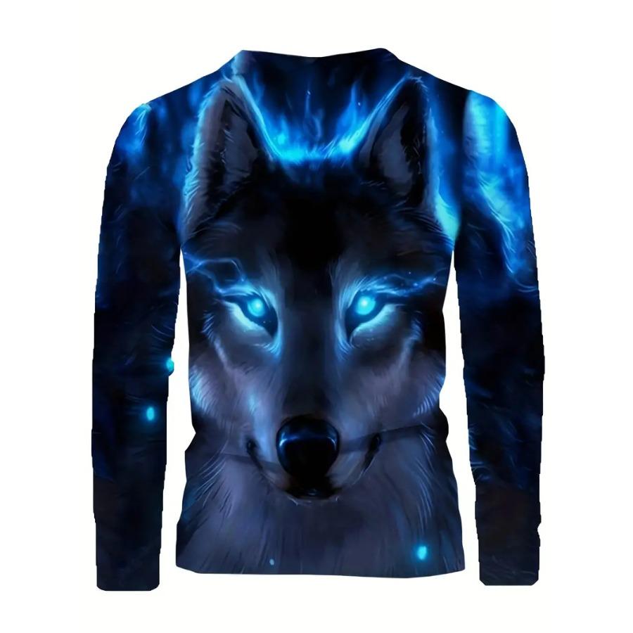 3D Wolf Pattern Print Crew Neck Long Sleeve Active T-Shirt - Comfy Casual Tee for Spring Summer Autumn - Mens Graphic Design Clothing Tops