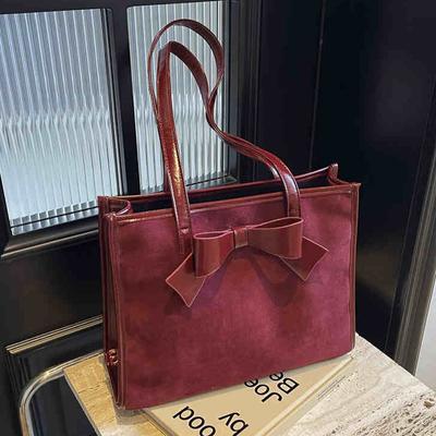 Bolsa de Noiva Vermelha de Luxo Retro PU Camurça Emenda Um Ombro Bolsas Outono Inverno Mulheres Doce Laço Grande Capacidade Bolsas