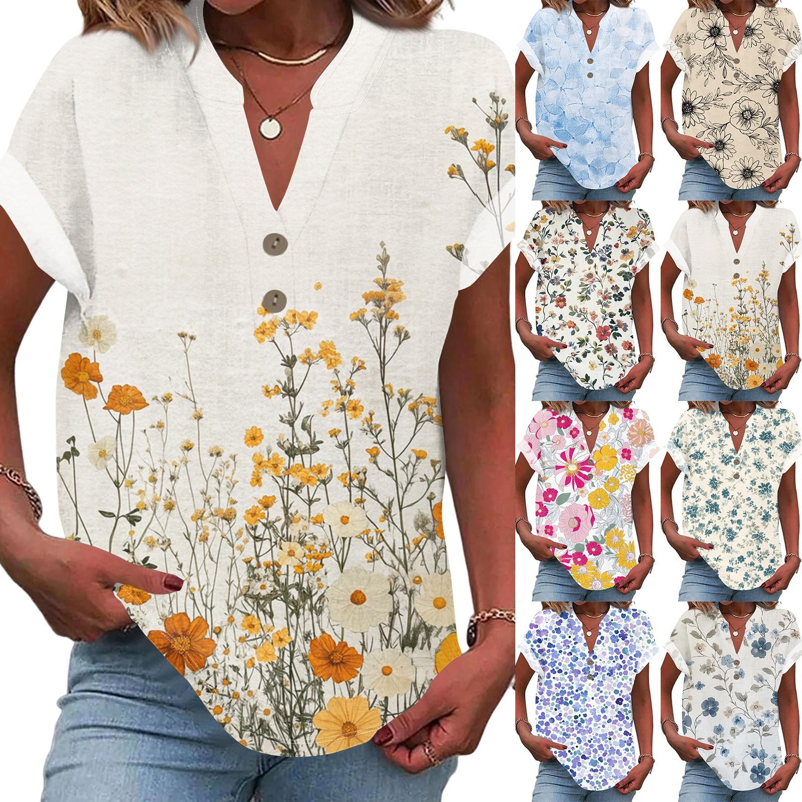 

Linen Tops For Women Summer V Neck Short Sleeve Length Sleeve Womens Tops Casual Loose Fit Blouses XL