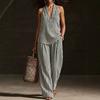 Europe, America, Amazon Cross-border Independent Station Spring and Summer Striped Wide Leg Pants Neck Sleeveless Top Cotton and Linen Two-piece Set