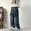Summer Men's Straight Jeans Pockets Wide Leg Denim Cargo Pants Lightweight Baggy Jeans Trousers