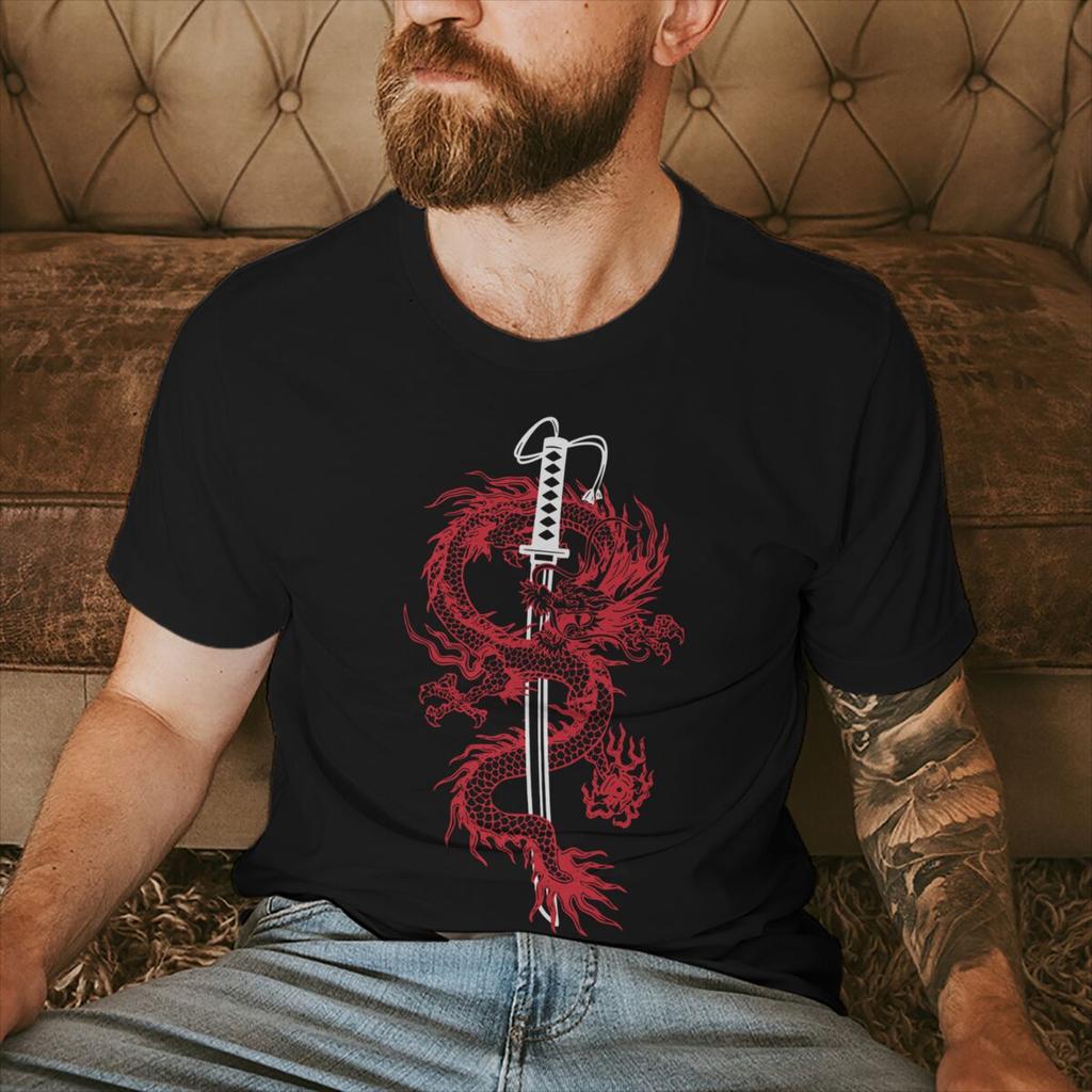 2026 Fashion Trend Unisexs Tshirts Personalized Geometric Dragon Print T Shirts Casual Style Katana And Dragon Print Streetwear