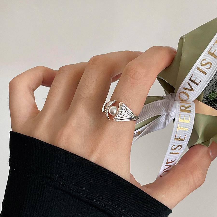 Retro Silver Bow Love Flower Pearl Open Ring Simple Index Finger Ring Versatile Jewelry Women