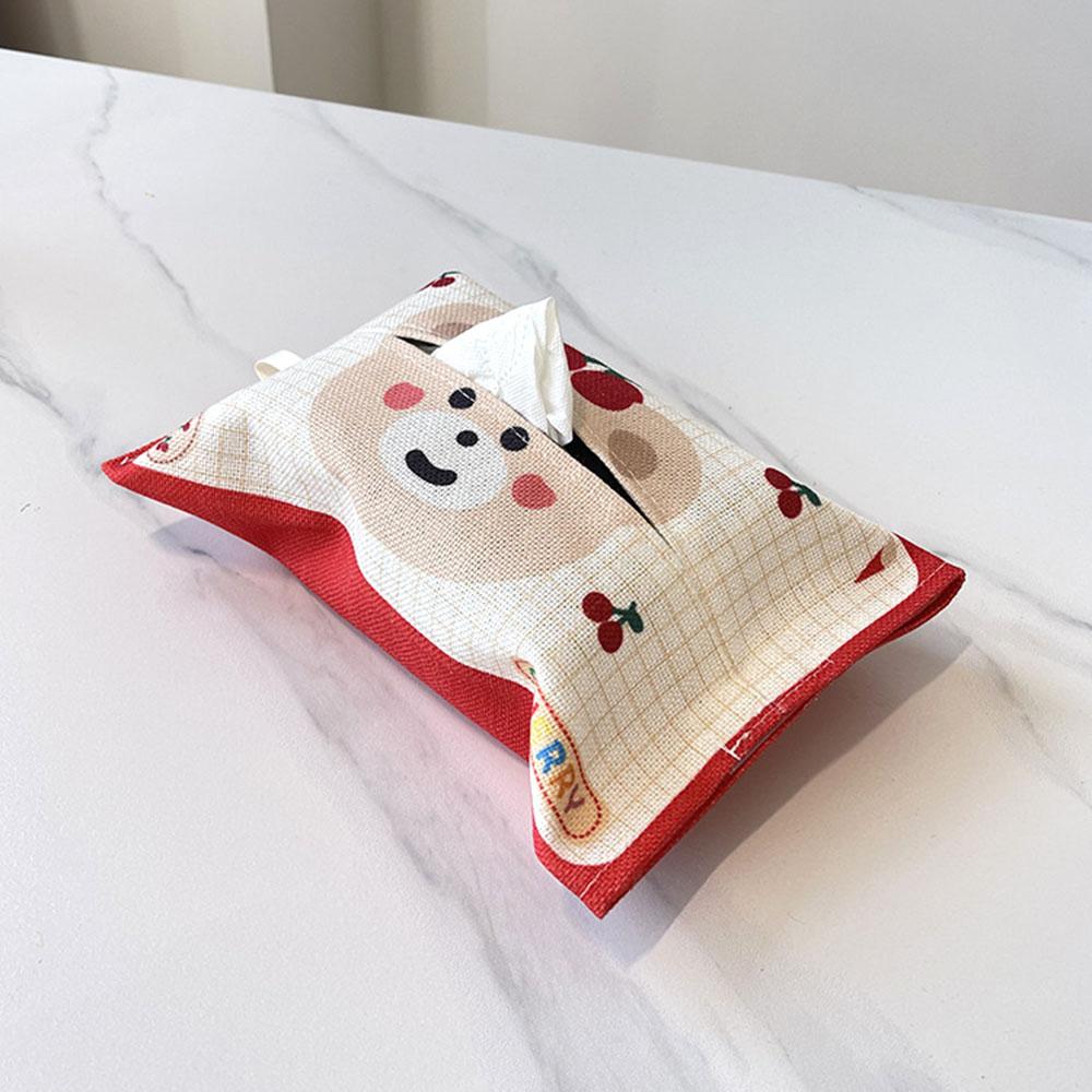 Cute Cartoon Bear Cherry Pattern Fabric Tissue Bag Hanging Linen Tissue Box Cover For Car Home And Travel Use Desktop Organizer