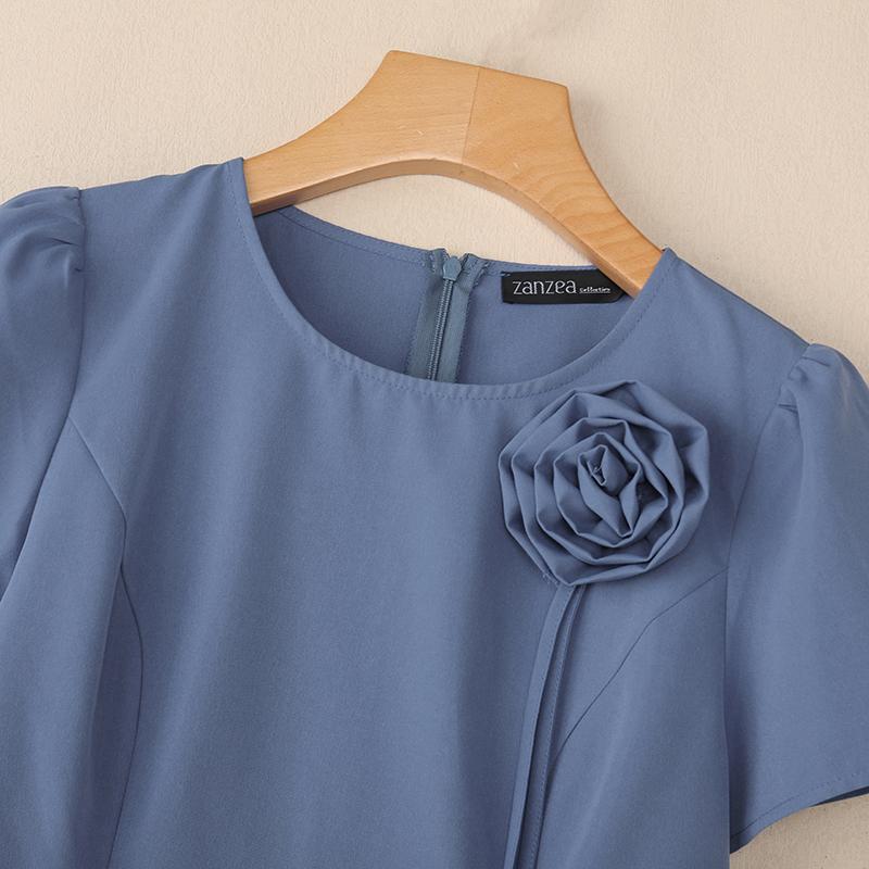 ZANZEA Robe d'été élégante à col rond et manches courtes décontractée pour femme