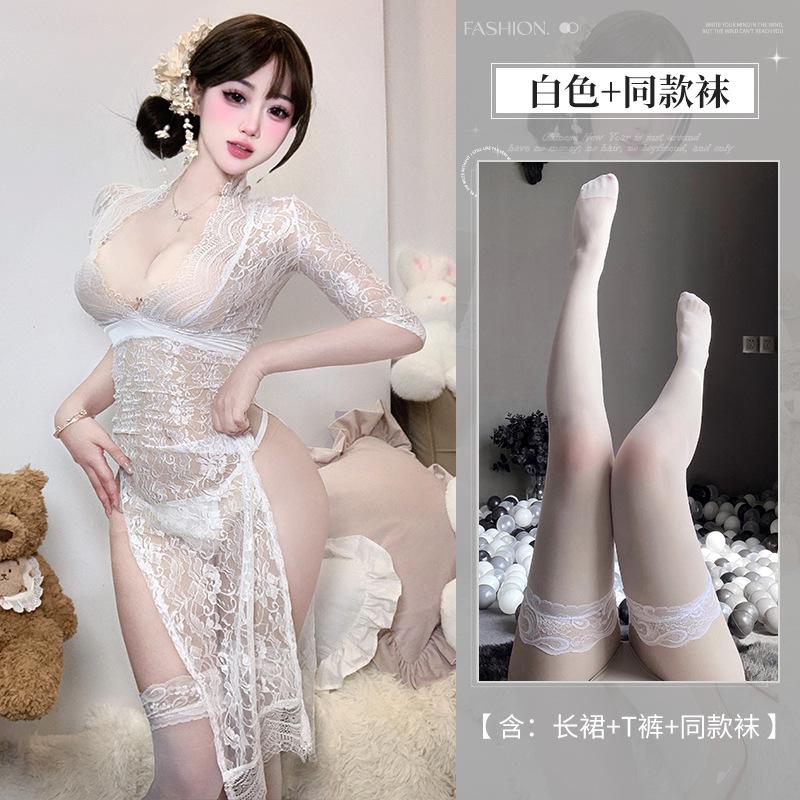 Sexy lingerie women's pure lace temptation long dress hot side split uniform free suit