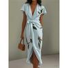 European And American Style Ladies Summer New Satin Printed Belted Dress Silky V-neck Cool Waist Slim Long Skirt